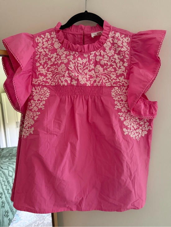 THML Tops - THML Hot Pink Floral Embroidered Ruffle Neck Blouse